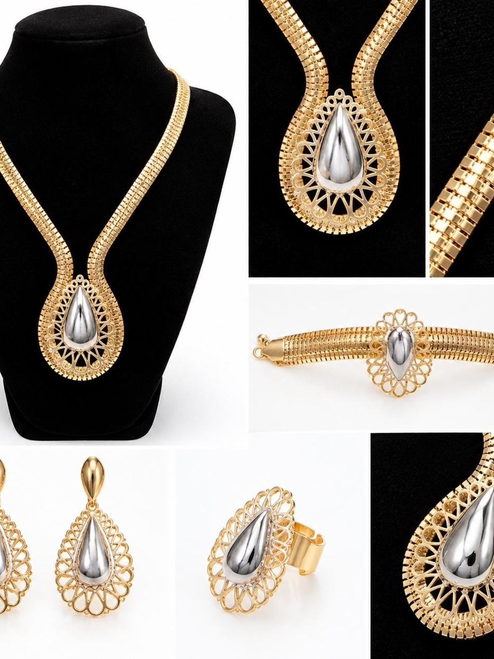 Gold and Silver Brazilian Set Teardrop Statement Jewelry Set - Women